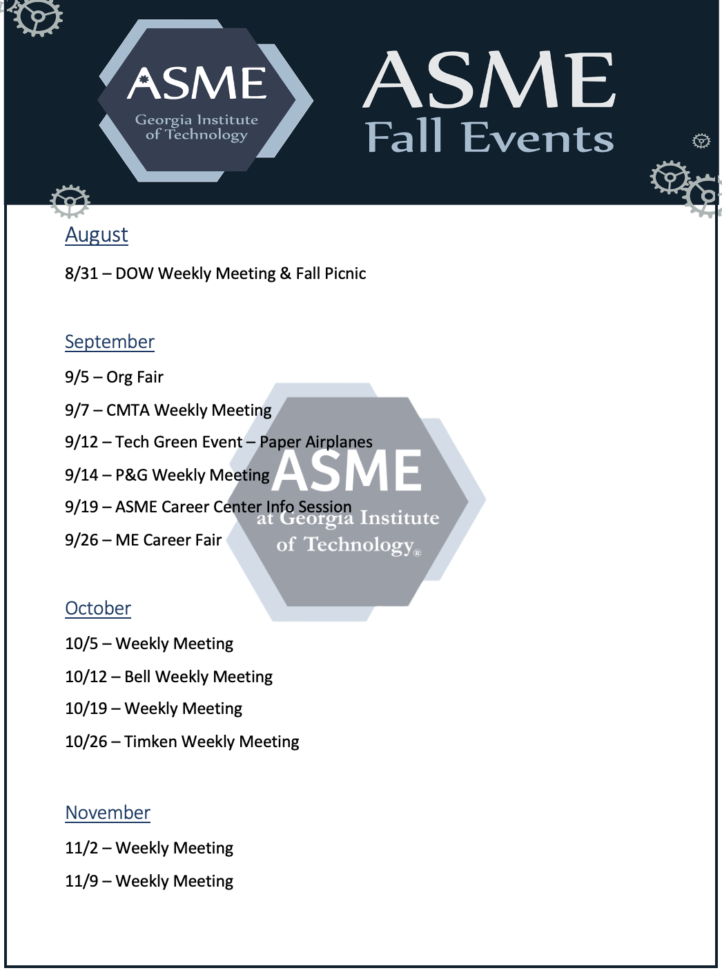 Fall Calendar ASME